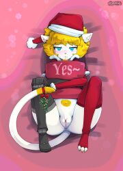 absurd_res anthro anus biped blonde_hair blush clothed clothing domestic_cat felid feline felis female front_view genitals hair hi_res legwear looking_at_viewer lying mammal pupils pussy roadiesky solo tail thick_thighs thigh_highs white_body