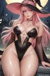 ai_generated big_hips breasts choker curvy curvy_figure female gloves hat long_hair original_character pink_eyes pink_hair pony_diffusion_xl relaxing secret_room12 shiny_skin sitting stable_diffusion witch_hat