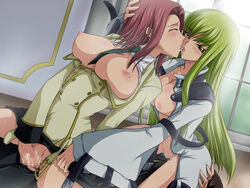 1boy 2girls belt blush body_blush bodysuit breasts c.c. censored closed_eyes code_geass exposed_breasts female female_focus fingering green_hair group_sex human kallen_stadtfeld kissing large_breasts lelouch_lamperouge long_hair male masturbation multiple_girls necktie nipples open_clothes open_shirt red_hair reverse_spitroast school_uniform sex sitting straddle straight threesome uniform yamagarasu yellow_eyes