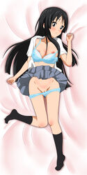 black_hair blush bra breasts female female_only footwear highres human human_only k-on! lingerie long_hair lying mio_akiyama_(k-on!) nipples open_clothes open_shirt panties pussy shirt skirt socks solo uncensored underwear