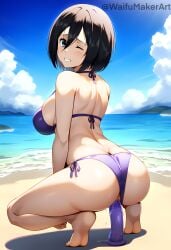 1girls ai_generated ass attack_on_titan beach bikini bikini_aside blush clenched_teeth dildo dildo_in_pussy embarrassed female female_only hi_res high_resolution highres large_breasts looking_at_viewer looking_back mappa micro_bikini mikasa_ackerman one_eye_closed shingeki_no_kyojin squatting vaginal_penetration waifumakerart wet wit_studio