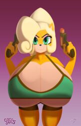 1girls 7-light-of-shadows-7 7los7 activision anthro bandicoot big_breasts big_penis blonde_hair breast_expansion breasts cleavage clothed clothing coco_bandicoot crash_(series) dress expansion eyeshadow female firearm furry genitals green_eyes hair handgun hands_on_hips hi_res huge_breasts hyper hyper_breasts hyper_genitalia lara_croft_(cosplay) looking_at_viewer makeup mammal marsupial ponytail smile solo solo_female thick_thighs tomb_raider video_games weapon wide_hips