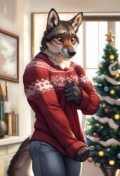 1boy 2024 abs ai_generated anthro avaru canid canine canis christmas christmas_clothing christmas_tree clothing fur humanoid male male_only mammal solo