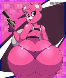 anthro ass_cleavage bear_girl big_ass big_breasts butt_crack cuddle_team_leader female fortnite furry_female gun hexami modified_gun panties pink_body pink_fur silencer