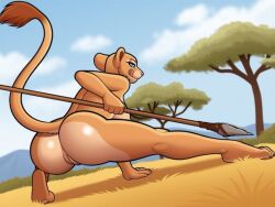 1girls anthro anthro_only anthrofied barefoot big_ass big_breasts blue_eyes completely_nude disney drako1997 feline female female_only fully_nude hunting lion lioness loincloth nala outdoors posing_with_weapon savannah solo spear the_lion_king tongue_out trees tribal weapon