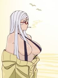 ayase_seiko beach bird dandadan medium_breasts one-piece_swimsuit red_glasses schoolboyolii smoking smoking_cigarette swimsuit white_hair yellow_background yellow_sweater