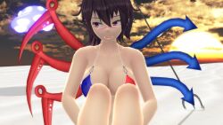 1girls 2023 3d arms_on_legs beach bikini bikini_top blush breasts clavicle cleavage clouds hati_yukkuri_mmd jpeg light-skinned_female mmd nue_houjuu outdoors pink_eyes sand short_hair_female shy solo_female solo_focus sun sunset touhou trident ufo unusual_wings weapon youkai