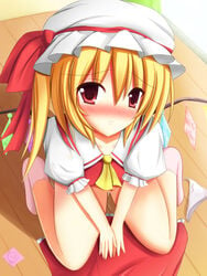 blonde_hair blush bottomless clothes_on_floor condom flandre_scarlet footwear hat highres kneeling looking_up panties pussy_juice red_eyes short_hair side_ponytail socks solo the_embodiment_of_scarlet_devil touhou underwear white_panties wings yuzin