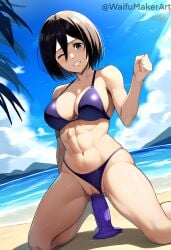 1girls abs ai_generated attack_on_titan beach bikini bikini_aside blush clenched_hand clenched_teeth dildo dildo_in_pussy embarrassed female female_only hi_res high_resolution highres kneeling large_breasts looking_down mappa micro_bikini mikasa_ackerman one_eye_closed pussy_juice shingeki_no_kyojin vaginal_penetration waifumakerart wet wit_studio