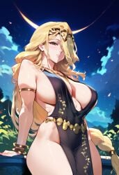 2d ai_generated big_breasts black_dress blonde_hair circlet dress elden_ring female female_focus female_only long_hair night outdoors queen_marika_the_eternal solo solo_female solo_focus tagme