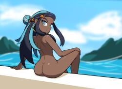 ass back background blue_eyes blurry_background cloud creatures_(company) dark-skinned_female dark_skin detailed_background dyed_hair female female_only game_freak human lisnovski looking_at_viewer looking_back multicolored_hair naked nessa_(pokemon) nintendo nude pokemon sitting solo solo_female water