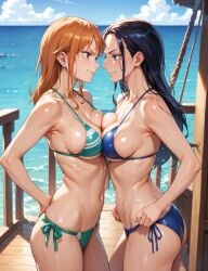 ai_generated beach bearhug bikini catfight hate_fuck hate_sex nami nami_(one_piece) nico_robin one_piece staredown sweat sweaty wet wet_skin wrestling wrestlingryona yuri