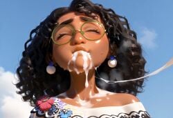 ai_generated brown_skin cum cum_in_mouth curly_hair dark_hair disney encanto eyewear glasses latina mirabel_madrigal teenager