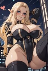 ai_generated alpha_(the_eminence_in_shadow) arm_behind_head bangs black_leotard black_thighhighs blonde_hair blue_eyes blush breasts cameltoe cleavage covered_navel cute elf female freckles heart highleg highleg_leotard huge_ass huge_breasts juswa large_ass large_breasts leotard long_hair looking_at_viewer night night_sky parted_bangs parted_lips pointy_ears sky smile solo the_eminence_in_shadow thicc thick_thighs thighhighs thighs