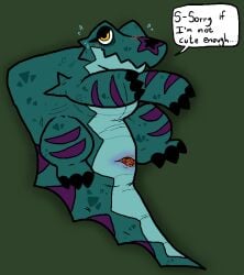 alligator alligatorid animal_genitalia bahamutgreen blush bodily_fluids claws cloaca crocodilian female feral genitals green_body green_scales horizontal_cloaca reptile scales scalie simple_background solo speech_bubble sweat