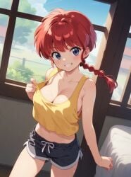 ai_generated athletic_female bare_thighs big_breasts blownskin blue_eyes braided_ponytail dolphin_shorts huge_breasts huge_thighs light-skinned_female light_skin looking_at_viewer massive_breasts ranma-chan ranma_1/2 ranma_saotome red_hair smiling solo_female squatting sweat sweatdrop tank_top thick_thighs thighs voluptuous voluptuous_female