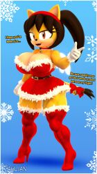 1girls 3d 3d_model bell bell_collar belt big_breasts black_hair bow breasts cat_ears cat_girl cat_tail catgirl christmas christmas_outfit cleavage collar english english_dialogue english_text eyelashes fangs feline female female_only gloves headband high_heel_boots high_heels honey_the_cat honey_the_cat_(kabalmystic) kabalmystic looking_at_viewer mobian mobian_(species) mobian_cat open_mouth open_smile orange_eyes pointing red_dress red_high_heel_boots red_high_heels santa_dress sega smile smiling_at_viewer sonic_(series) sonic_the_fighters sonic_the_hedgehog_(series) tahlian thighs twintails