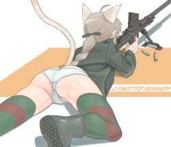 animal_ears anti-materiel_rifle artist_request ass ass_focus boots boys_anti_tank_rifle braid brown_hair cat_ears cat_girl cat_tail character_name face_down female gun highres jacket long_hair lying lynette_bishop military military_uniform no_pants panties rifle shell_casing sniper_rifle strike_witches striped_clothes tail underwear weapon white_panties world_witches_series