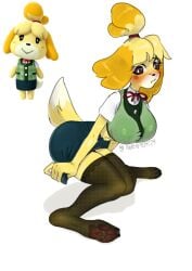 2024 4_toes alternate_species animal_crossing anthro ass barefoot big_breasts big_butt black_eyes blonde_hair blush breasts brown_eyes canid canine canis claws clothing digital_media_(artwork) domestic_dog ears_down eyebrows eyelashes feet female female_anthro finger_claws fingers fluffy fluffy_tail foot_fetish foot_focus footwear fur hair hi_res hindpaw huge_breasts inventor_(artist) isabelle_(animal_crossing) legwear looking_at_object looking_back mammal mouth_closed multicolored_body multicolored_fur multicolored_hair nintendo nintendo_switch office_lady pawpads paws pink_pawpads pivoted_ears plantigrade presenting simple_background socks soles solo stockings tail thick_thighs tights toe_claws toes wide_hips yellow_body yellow_fur