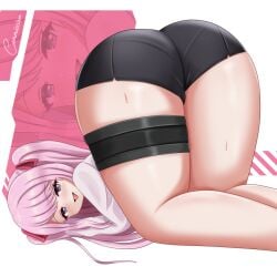 all_fours ass ass_focus blush come_hither danzfloor female from_behind goddess_of_victory:_nikke hair_ribbon huge_ass long_hair looking_at_viewer looking_back naughty_face pink_hair purple_eyes ribbon short_shorts shorts smile solo thick_thighs thigh_strap thighs tongue tongue_out top-down_bottom-up twintails very_long_hair yuni_(nikke)