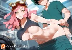 1boy 1boy1girl 1girls ai_generated bent_over boku_no_hero_academia bouncing_breasts codemistake dutch_angle faceless_male female green_hair grin hatsume_mei looking_back midoriya_izuku my_hero_academia navel pants pants_down pants_pull patreon patreon_logo patreon_reward patreon_url pink_hair sex sex_from_behind smile tank_top underboob wrist_grab yellow_eyes