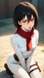 ai_generated kneeling mikasa_ackerman perfect_body scarf shingeki_no_kyojin teenage_girl tongue