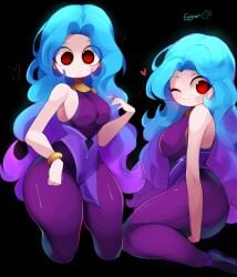 big_ass blue_hair blush bodysuit bracelet colored_sketch cute gazericc gold_jewelry gradient_hair hearts_around_head light-skinned_female long_hair medium_breasts original_character purple_bodysuit purple_hair red_eyes rox_hoxten simple_background synari_(rox_hoxten) thick_thighs wavy_hair wholesome