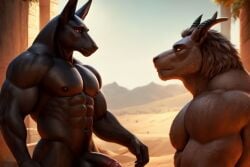 2boys ai_generated anubis, billy black, brown, erect, goat, horns humanoid_penis male male_only muscular naked, nude,