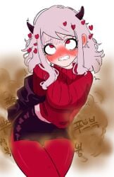 1girls ass_in_dress blush demon demon_girl disgusted embarrassed fart fart_cloud fart_fetish fart_torture farting heart helltaker horn jacket lingering_stench modeus_(helltaker) nervous red_eyes red_sweater short_hair shy stench teardrop white_hair