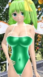 1girls 2023 3d belly_button blue_eyes blush breasts clavicle cleavage daiyousei fairy fairy_wings garden green_hair green_swimsuit hand_on_hip hati_yukkuri_mmd hips jpeg light-skinned_female looking_at_viewer mmd open_mouth outdoors short_hair_female solo_female solo_focus swimsuit touhou waist yellow_bow