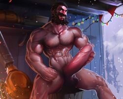 1boy bara beard braito brown_hair candy candy_cane christmas_lights commentary completely_nude connected_beard english_commentary facial_hair food food_in_mouth full_beard hand_on_own_penis large_penis league_of_legends malcolm_graves male_focus mature_male muscular muscular_male non-web_source nude penis red_nose shed short_hair sitting smirk snow snow_blower snow_day_graves snowdown_series thick_beard