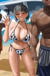 2boys aqua_eyes beach bikini black_bean black_hair blush breasts dark-skinned_male dark_skin female highres holding_hands huge_breasts implied_fellatio interracial kirigaya_suguha looking_at_viewer multiple_boys muscular muscular_male pubic_hair pubic_hair_in_mouth pussy_juice_stain short_hair smile swimsuit sword_art_online waving white_bikini