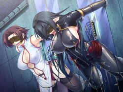 2girls annerose_vajra arms_behind_back blindfold bondage breasts cleavage clothing dress electricity erect_nipples erect_nipples_under_clothes female female_only gag gagged game_cg garter_belt garter_straps high_tech impossible_clothes kagami koutetsu_no_majo_anneroze large_breasts latex_suit lee_mayfeng long_hair multiple_girls multiple_subs navel needle needles open_mouth_gag peeing pointy_ears pussy_juice ring_gag short_hair sideboob skirt stockings thighhighs through_wall tongue tongue_out torture wire wires