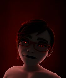 3d blender blender_cycles brown_hair dim_lighting elysir_(glowdonk) eyeshadow glowdonk glowing_eyes horny_female lipstick no_bra no_shirt nude_female oc original_character red_background red_eyes red_highlights self_upload solo xbox_avatar