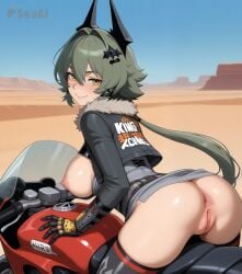 1girls ai_generated anus ass ass_up big_breasts caesar_king curvy desert from_side hi_res highres hoyoverse large_breasts looking_at_viewer mechanical_arm mihoyo motorcycle on_motorcycle outdoors pussy seacreator side_view sideboob smile solo wide_hips zenless_zone_zero