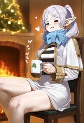 1girls ai_generated bare_thighs big_breasts christmas closed_eyes elf elf_ears elf_female female female_only frieren gintoai high_resolution hot_chocolate huge_breasts huge_thighs light-skinned_female light_skin massive_breasts mature_female smile solo sousou_no_frieren squatting sweat sweatdrop thick_body thick_female thick_thighs thighs twintails voluptuous voluptuous_female white_hair