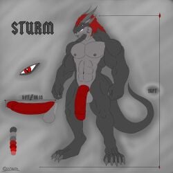 1:1 2024 absurd_res anthro colored digital_drawing_(artwork) digital_media_(artwork) dragon english_text genitals hi_res male model_sheet muscular muscular_male mythological_creature mythological_scalie mythology nipples nude penis scalie signature solo sturmdragon tail text