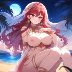 1girls arabian_clothes breasts_out dessert jewelry large_breasts long_hair moon nature night nipples novelai ocean original outdoors red_eyes red_hair sitting stars sunrise