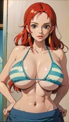 ai_generated artist_request bikini cleavage female female_only ghibli_art hourglass_figure huge_breasts large_breasts nami nami_(one_piece) one_piece orange_hair small_waist watercolor