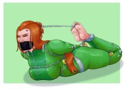 1girls ankle_cuffs bondage bound bound_ankles bound_toes chains closed_eyes drool drooling female female_only femsub fully_clothed gag gagged green_clothing hogtie lock meowitzher metal_cuffs padlock panel_gag png red_hair sam_(totally_spies) shiny_clothes solo solo_female steel_bondage tight_clothing totally_spies