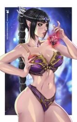 1girls amaterasumikami baldur's_gate baldur's_gate_3 big_breasts black_hair bra breasts dungeons_and_dragons panties pointy_ears ponytail purple_bra purple_panties shadowheart solo solo_female thighs