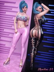 3d blue_hair bodysuit dominatrix dress earrings fishnet hoebo24 latex leggings original pink_legwear platform_boots transformation