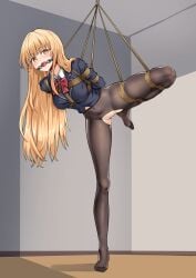 absurdres ball_gag black_pantyhose blazer blonde_hair bondage bondage bondage bottomless bound breasts clothing_cutout gag gagged highres jacket large_breasts long_hair otonari_no_tenshi-sama_ni_itsu_no_mani_ka_dame_ningen_ni_sarete_ita_ken pantyhose restrained shibari_over_clothes shiina_mahiru_(otonari_no_tenshi-sama) skindentation spread_legs t_zhonglang very_long_hair yellow_eyes