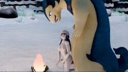 1girls dawn_(pokemon) fire holding_penis nude nude_female outdoors pokémon_(species) pokemon pokemon_(species) snow typhlosion