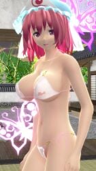 1girls 2023 3d armpits bikini breasts cleavage ghost_girl hat hati_yukkuri_mmd headwear jpeg light-skinned_female looking_at_viewer mature_female mmd mob_cap open_mouth pink_eyes pink_hair_female short_hair_female sideboob solo_female solo_focus swimsuit touhou triangular_headpiece white_bikini yuyuko_saigyouji