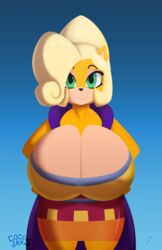 1girls 7-light-of-shadows-7 7los7 activision anthro bandicoot bianca_(spyro)_(cosplay) big_breasts big_penis blonde_hair breast_expansion breasts cleavage clothed clothing coco_bandicoot cosplay crash_(series) dress expansion eyeshadow female furry genitals green_eyes hair hands_on_hips hi_res huge_breasts hyper_breasts looking_at_viewer makeup mammal marsupial ponytail smile solo solo_female thick_thighs video_games weapon wide_hips