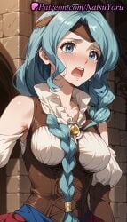 1girls ai_generated anime anime_style aqua_eyes aqua_hair bare_shoulders blue_eyes blue_hair blurry_background blush braid braided_ponytail breasts brick_wall brown_gloves bust busty clothing_cutout collarbone corset crying crying_with_eyes_open detached_sleeves female female_focus female_only gloves hair_over_shoulder headband hentai indoors large_breasts long_hair long_sleeves looking_at_viewer medium_breasts natsuyoru non-asian nose_blush open_mouth parted_bangs puffy_sleeves red_skirt shirt shoulder_cutout single_braid solo solo_female tate_no_yuusha_no_nariagari tearing_up tears teeth the_rising_of_the_shield_hero therese_alexanderite twin_braids underbust upper_body upper_teeth_only very_long_hair voluptuous voluptuous_female white_shirt