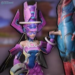 3d 3ddeed animated big_hat black_hair fully_clothed galacta galacta_(marvel_rivals) light-skinned_female light_skin looking_at_partner looking_at_penis loop looping_animation marvel purple_eyes sound spider-man_(marvel_rivals) tagme tongue_out tongue_sticking_out video