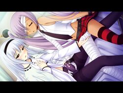 2boys closed_eyes clothing cum cum_on_clothes cum_through_clothes femboy handjob long_hair male multiple_boys mutual_masturbation oneechan_no_shuuchuu_chiryou! pantyhose purple_hair tail_skid yaoi