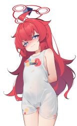 ahoge between_legs blue_archive blue_eyes blush breasts bright_pupils closed_mouth cowboy_shot female half-closed_eyes halo hand_between_legs highres long_hair long_shirt maki_(blue_archive) maki_(pajamas)_(blue_archive) painterliuhao pussy_juice red_hair red_halo shirt simple_background sleeveless sleeveless_shirt small_breasts solo tank_top white_background white_pupils white_shirt